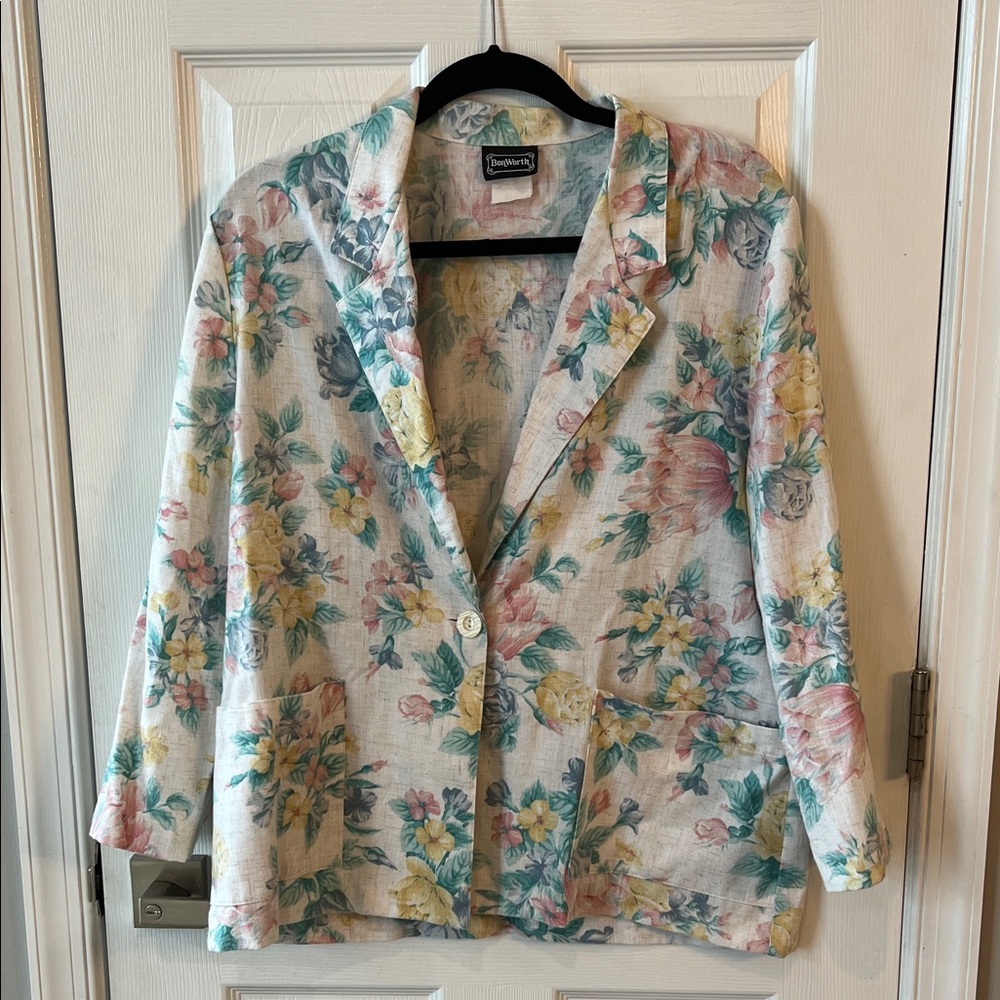 Vintage 80s BonWorth Linen Floral Pastel Blazer Sz L